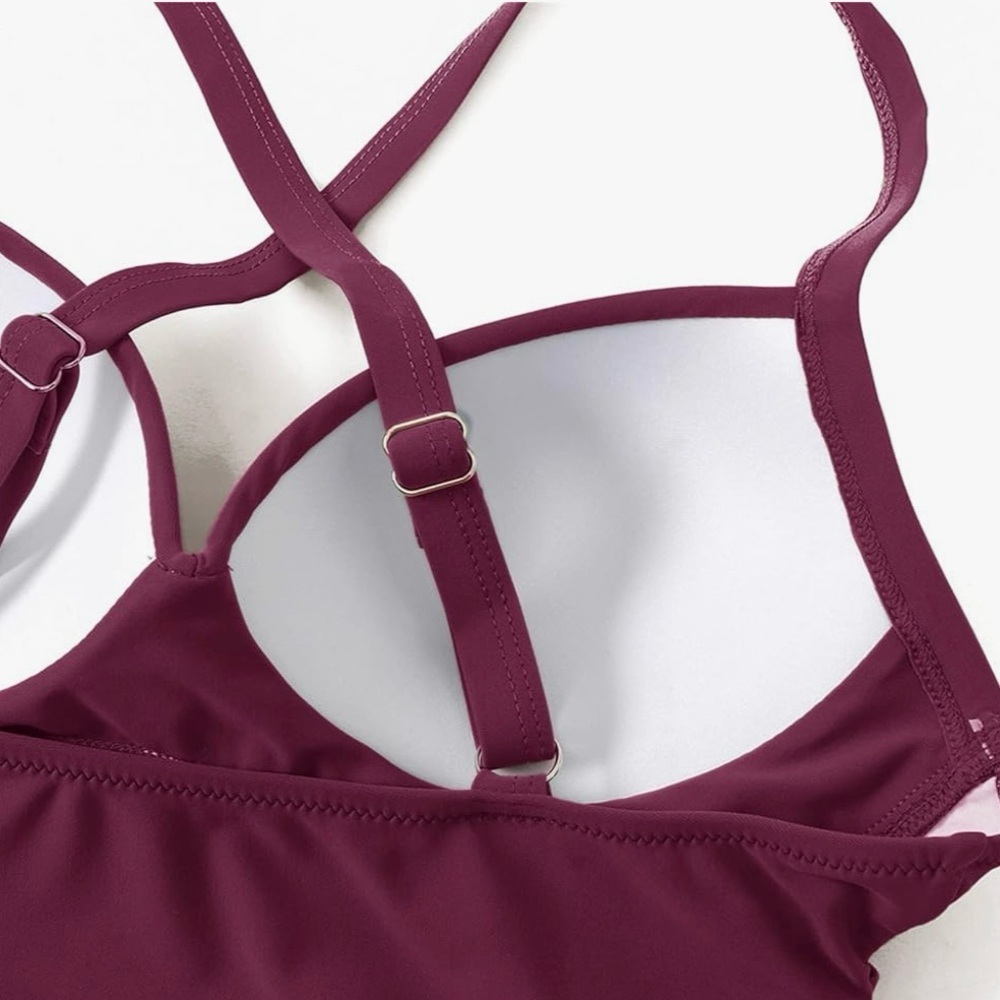 Suuksess Slimming Retro Cut out One Piece Swimsuit in Wine - Picture 6 of 13